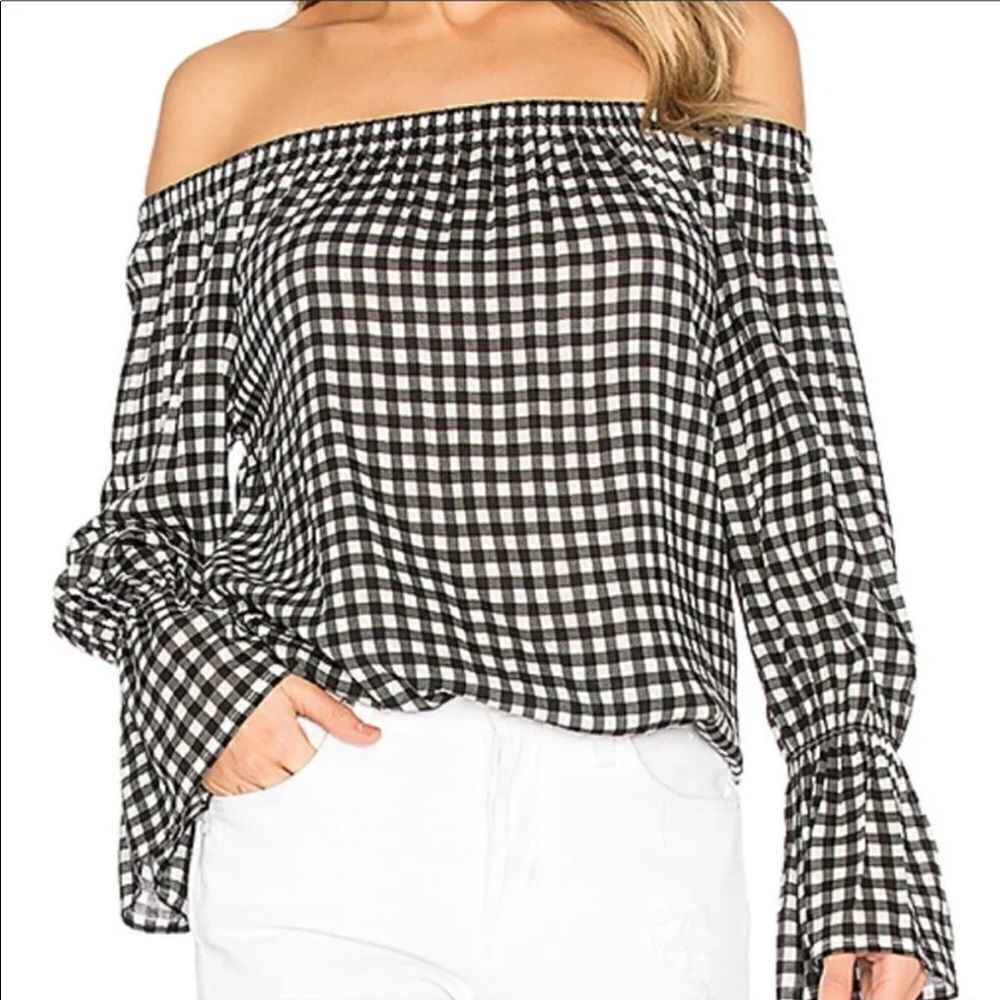 Sanctuary Gingham Plaid Off Shoulder Blouse